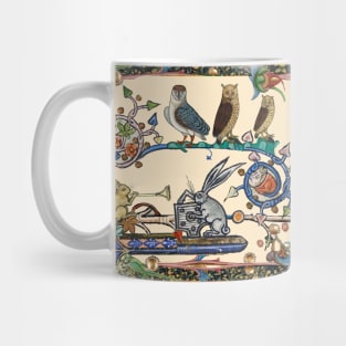 WEIRD MEDIEVAL BESTIARY MAKING MUSIC, Three Owls And Concert of Rabbits Mug